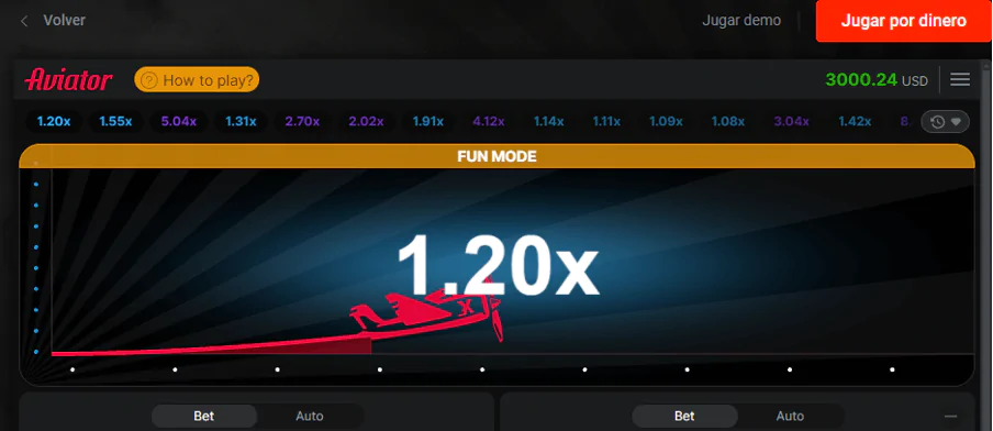 La interfaz del juego Aviator en la plataforma Pin-up muestra un multiplicador de 1,20x en modo diversión con opciones de apuesta.