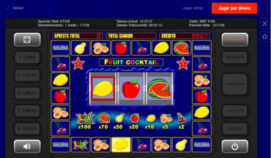 Pantalla ganadora de la tragaperras Fruit cocktail con símbolos de sandía, limón y cereza.