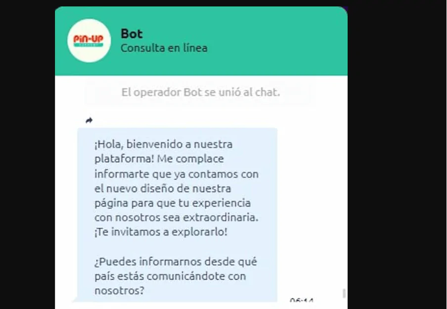Ventana de ayuda del chat en línea de la plataforma Pin-up con mensaje de bienvenida en español.