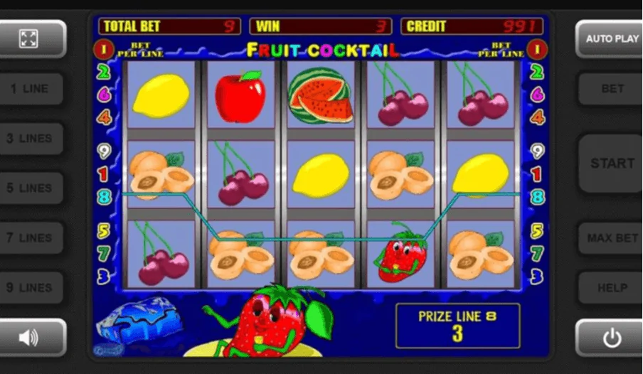 Juego de tragaperras Fruit cocktail que muestra una combinación ganadora con cerezas, limones y sandía.